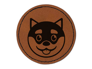 Husky Dog Face Happy Round Iron-On Engraved Faux Leather Patch Applique - 2.5"