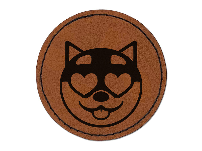 Husky Dog Face Love Heart Eyes Round Iron-On Engraved Faux Leather Patch Applique - 2.5"