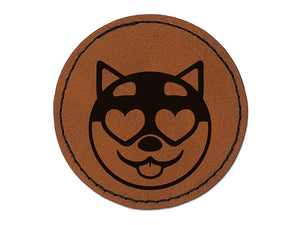 Husky Dog Face Love Heart Eyes Round Iron-On Engraved Faux Leather Patch Applique - 2.5"