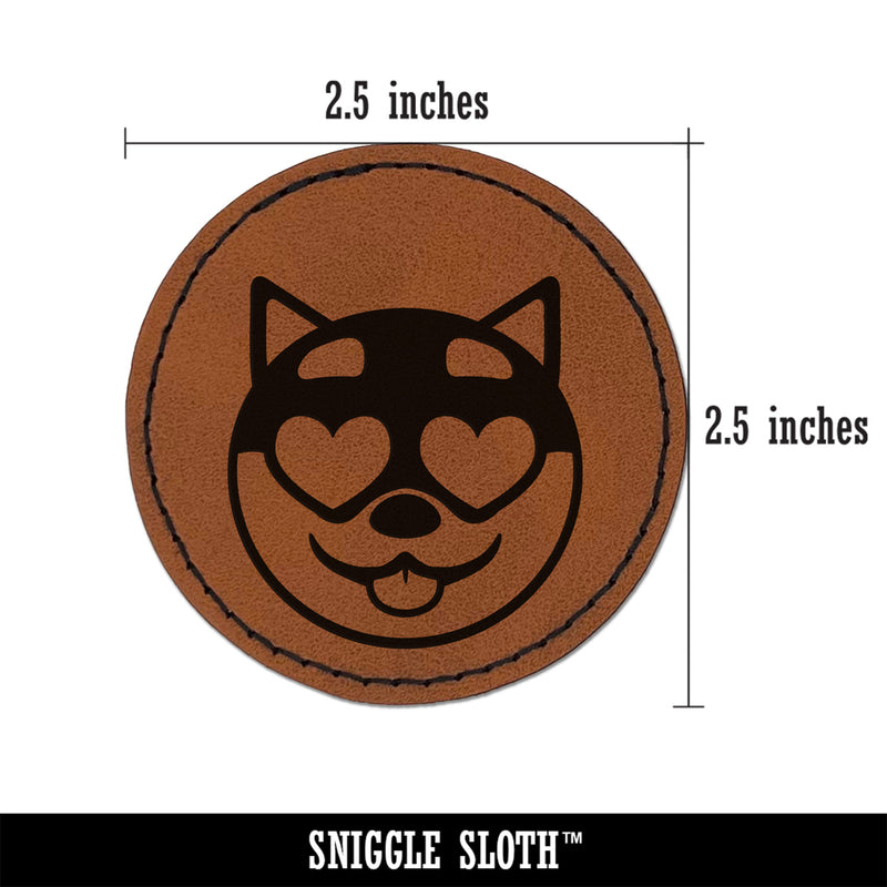 Husky Dog Face Love Heart Eyes Round Iron-On Engraved Faux Leather Patch Applique - 2.5"