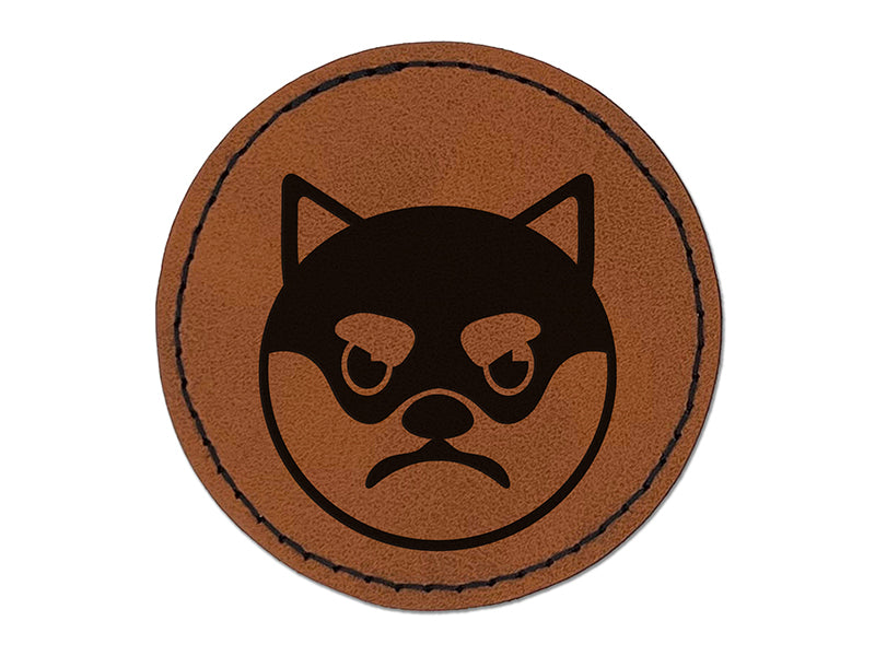 Husky Dog Face Mad Round Iron-On Engraved Faux Leather Patch Applique - 2.5"