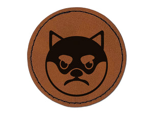 Husky Dog Face Mad Round Iron-On Engraved Faux Leather Patch Applique - 2.5"
