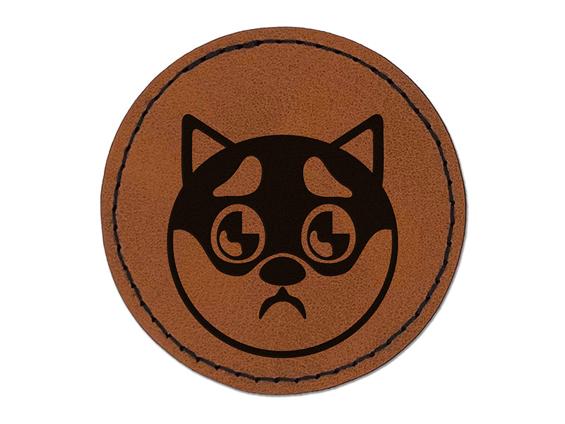 Husky Dog Face Puppy Eyes Round Iron-On Engraved Faux Leather Patch Applique - 2.5"