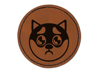 Husky Dog Face Puppy Eyes Round Iron-On Engraved Faux Leather Patch Applique - 2.5"