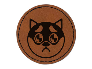 Husky Dog Face Puppy Eyes Round Iron-On Engraved Faux Leather Patch Applique - 2.5"