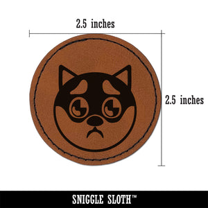 Husky Dog Face Puppy Eyes Round Iron-On Engraved Faux Leather Patch Applique - 2.5"