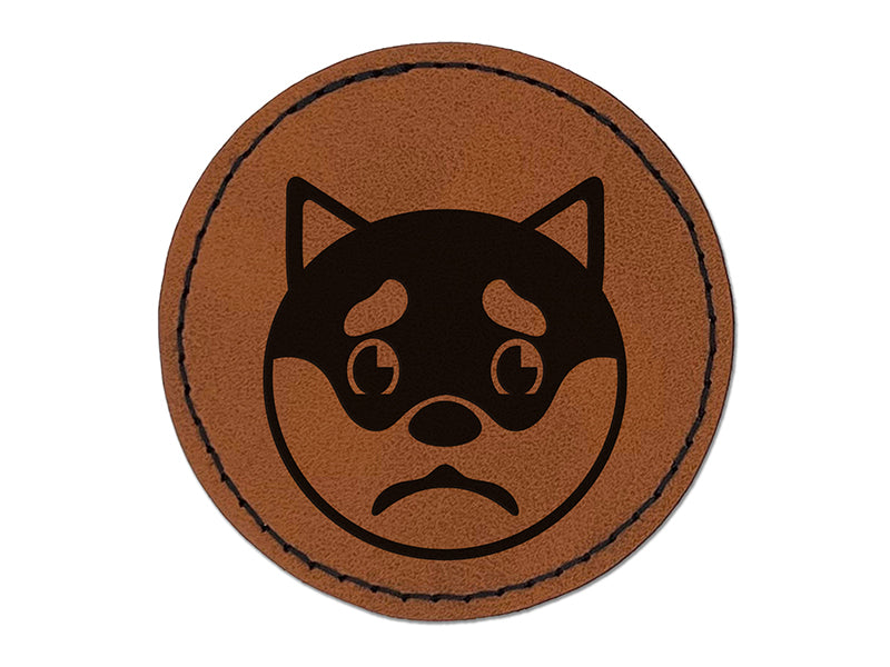 Husky Dog Face Sad Round Iron-On Engraved Faux Leather Patch Applique - 2.5"