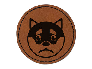 Husky Dog Face Sad Round Iron-On Engraved Faux Leather Patch Applique - 2.5"