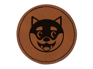 Husky Dog Face Side Eye Round Iron-On Engraved Faux Leather Patch Applique - 2.5"