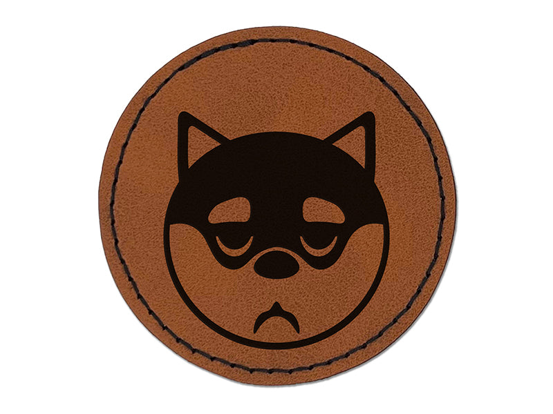 Husky Dog Face Sleepy Tired Round Iron-On Engraved Faux Leather Patch Applique - 2.5"