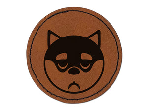 Husky Dog Face Sleepy Tired Round Iron-On Engraved Faux Leather Patch Applique - 2.5"