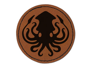 Inky Squid with Tentacles Round Iron-On Engraved Faux Leather Patch Applique - 2.5"