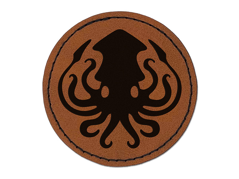 Inky Squid with Tentacles Round Iron-On Engraved Faux Leather Patch Applique - 2.5"