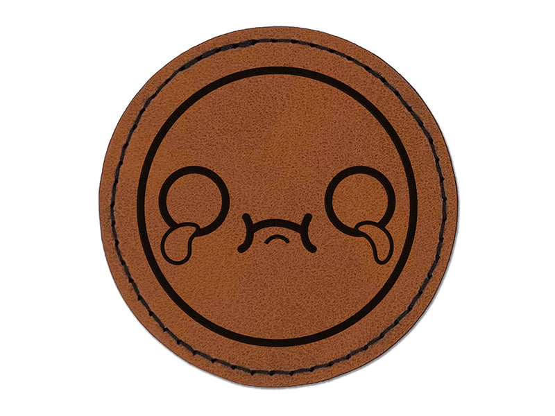 Kawaii Cute Crying Face Round Iron-On Engraved Faux Leather Patch Applique - 2.5"