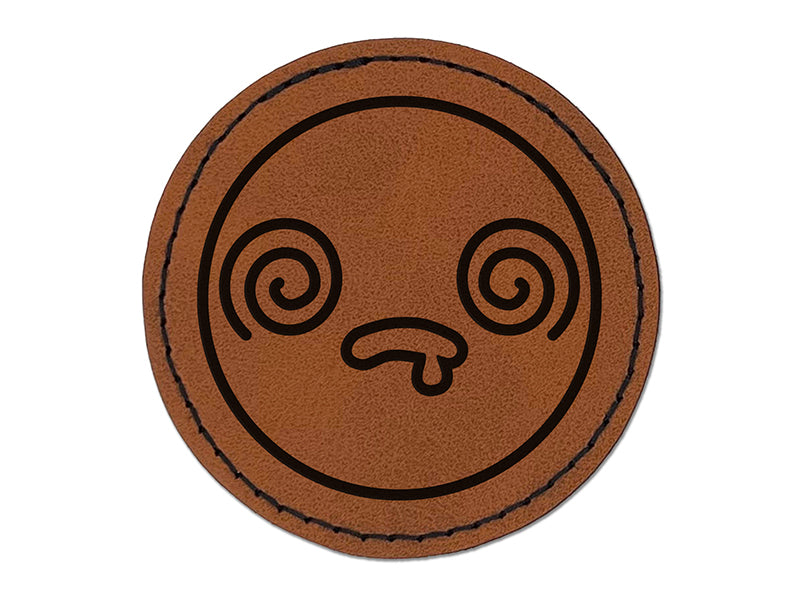 Kawaii Cute Dazed Confused Drool Face Round Iron-On Engraved Faux Leather Patch Applique - 2.5"