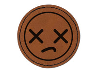 Kawaii Cute Dead X Eyes Face Round Iron-On Engraved Faux Leather Patch Applique - 2.5"