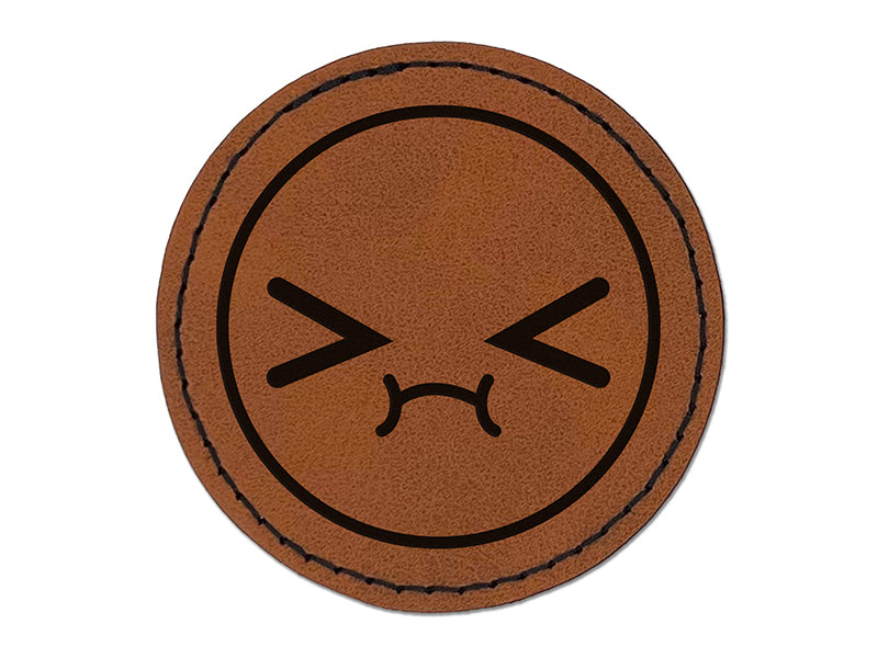 Kawaii Cute Embarrassed Scrunched Face Round Iron-On Engraved Faux Leather Patch Applique - 2.5"