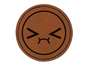 Kawaii Cute Embarrassed Scrunched Face Round Iron-On Engraved Faux Leather Patch Applique - 2.5"