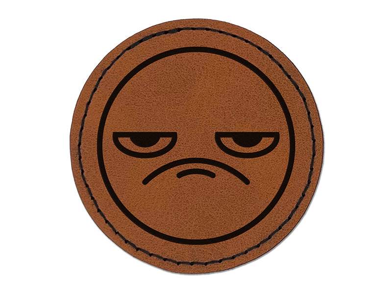 Kawaii Cute Grumpy Meh Face Round Iron-On Engraved Faux Leather Patch Applique - 2.5"