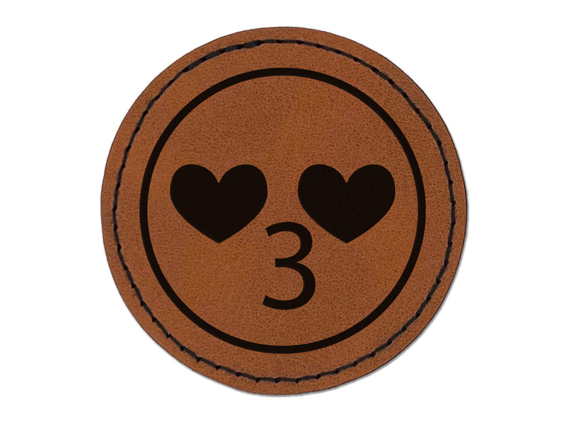 Kawaii Cute Heart Eyes Kissy Face Round Iron-On Engraved Faux Leather Patch Applique - 2.5"