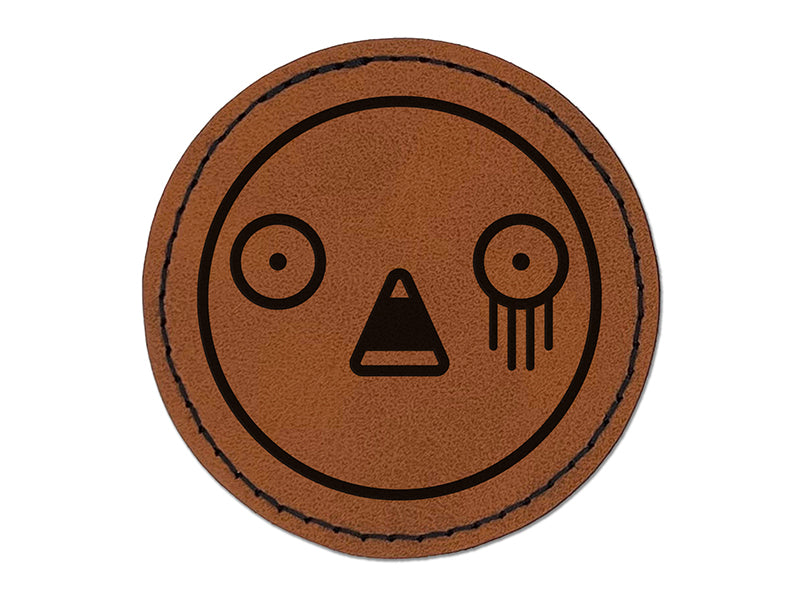 Kawaii Cute Horrified Scared Face Round Iron-On Engraved Faux Leather Patch Applique - 2.5"