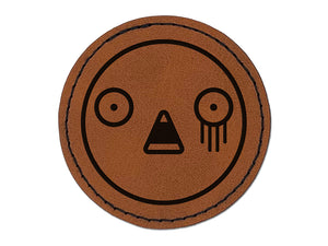 Kawaii Cute Horrified Scared Face Round Iron-On Engraved Faux Leather Patch Applique - 2.5"