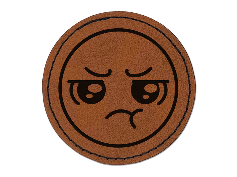 Kawaii Cute Pout Pouting Face Round Iron-On Engraved Faux Leather Patch Applique - 2.5"