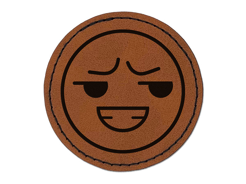 Kawaii Cute Smug Smirk Smile Face Round Iron-On Engraved Faux Leather Patch Applique - 2.5"