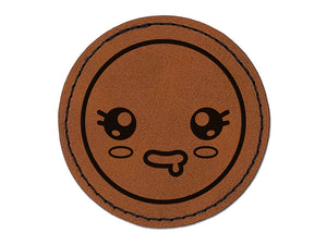 Kawaii Cute Sparkly Eyes Drool Face Round Iron-On Engraved Faux Leather Patch Applique - 2.5"