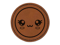 Kawaii Cute Sparkly Eyes Face Round Iron-On Engraved Faux Leather Patch Applique - 2.5"