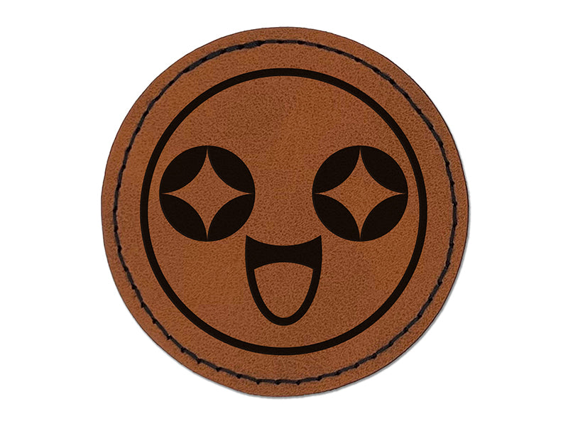 Kawaii Cute Starry Eye Excited Face Round Iron-On Engraved Faux Leather Patch Applique - 2.5"