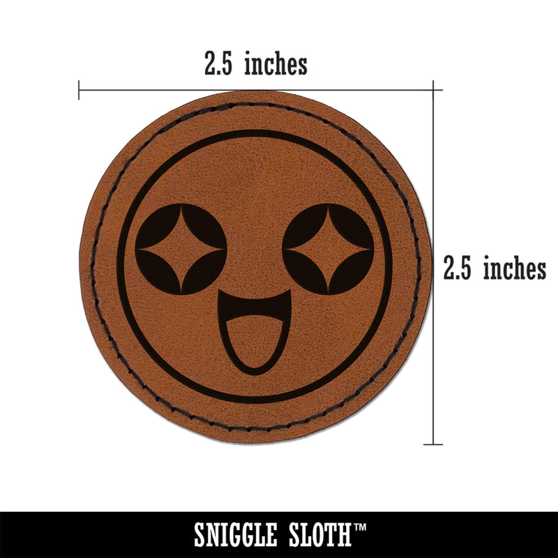 Kawaii Cute Starry Eye Excited Face Round Iron-On Engraved Faux Leather Patch Applique - 2.5"