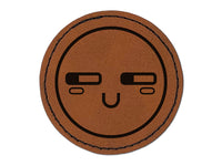 Kawaii Cute Suspicious Smile Round Iron-On Engraved Faux Leather Patch Applique - 2.5"