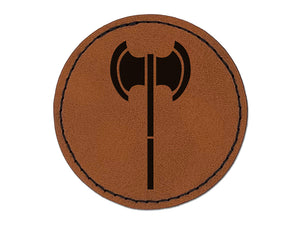 Medieval Battle Axe Round Iron-On Engraved Faux Leather Patch Applique - 2.5"