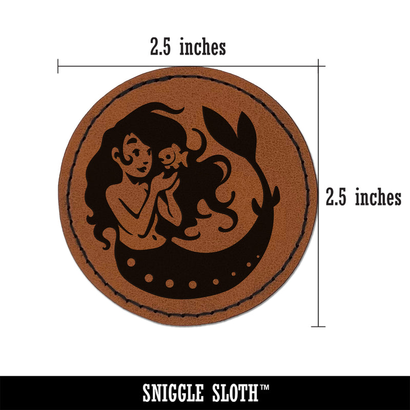 Mermaid and Fish Friend Round Iron-On Engraved Faux Leather Patch Applique - 2.5"