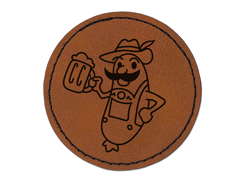 Oktoberfest Bratwurst in Lederhosen with Beer Round Iron-On Engraved Faux Leather Patch Applique - 2.5"