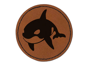 Orca Killer Whale Round Iron-On Engraved Faux Leather Patch Applique - 2.5"