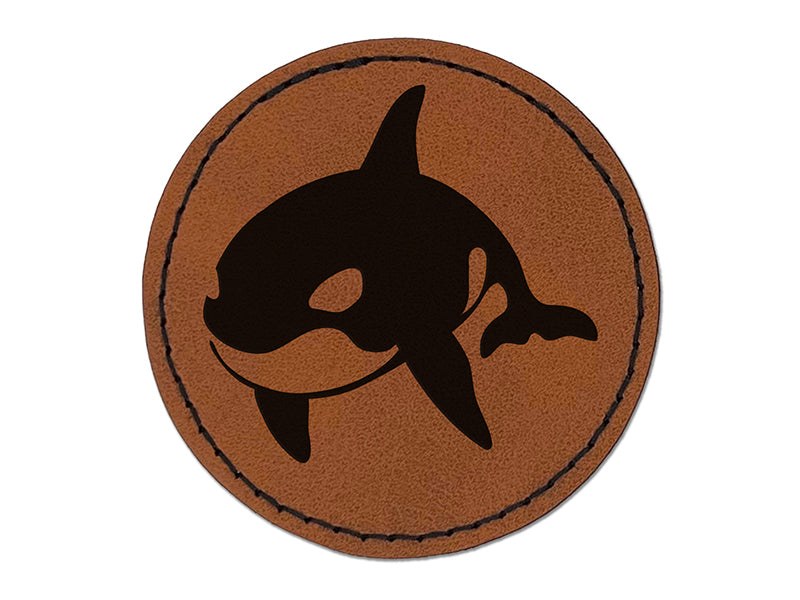 Orca Killer Whale Round Iron-On Engraved Faux Leather Patch Applique - 2.5"