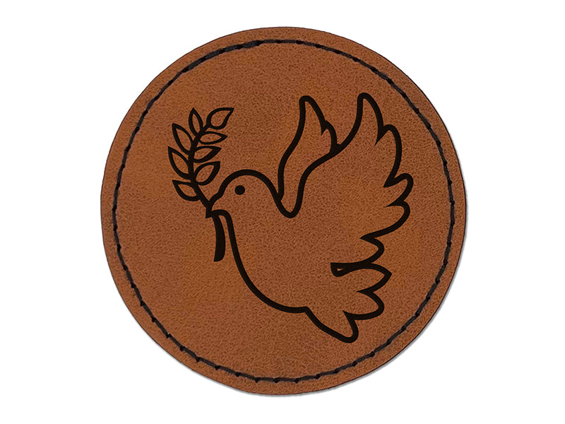 Peace Dove with Olive Branch Round Iron-On Engraved Faux Leather Patch Applique - 2.5"