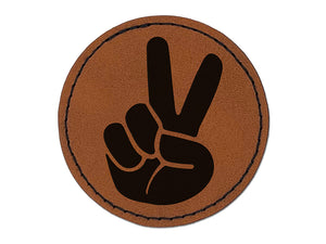 Peace Hand Sign Round Iron-On Engraved Faux Leather Patch Applique - 2.5"