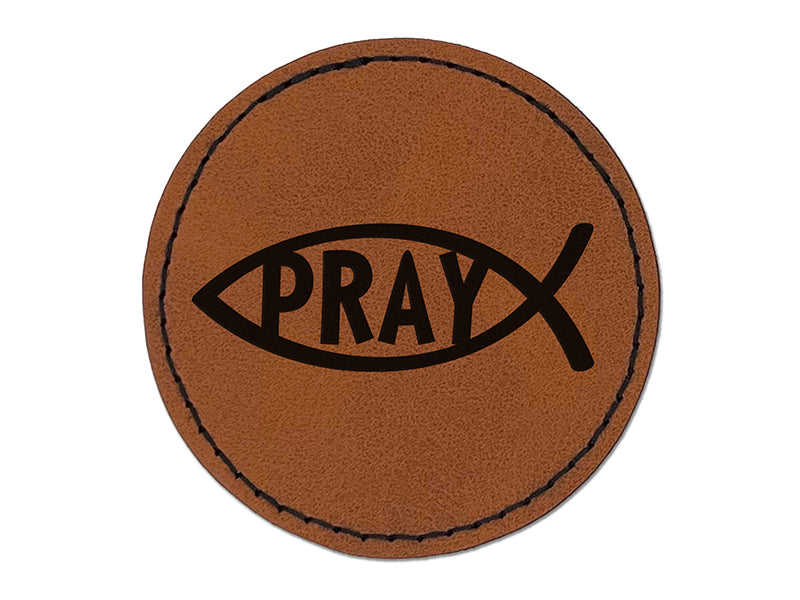 Pray Ichthys Fish Christian Sketch Round Iron-On Engraved Faux Leather Patch Applique - 2.5"