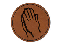 Praying Hands Round Iron-On Engraved Faux Leather Patch Applique - 2.5"