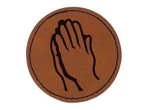 Praying Hands Round Iron-On Engraved Faux Leather Patch Applique - 2.5"