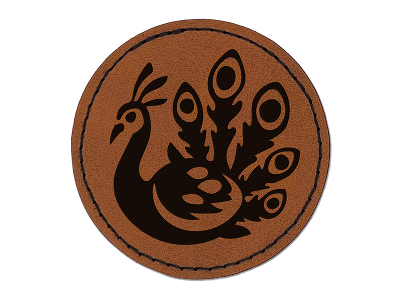 Pretty Peacock Round Iron-On Engraved Faux Leather Patch Applique - 2.5"