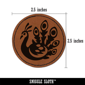 Pretty Peacock Round Iron-On Engraved Faux Leather Patch Applique - 2.5"