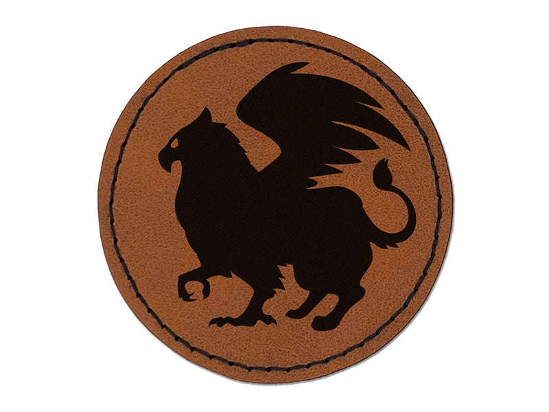 Regal Griffin Fantasy Silhouette Round Iron-On Engraved Faux Leather Patch Applique - 2.5"