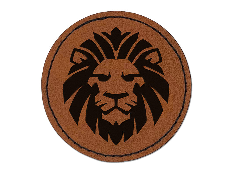 Regal Lion Head Round Iron-On Engraved Faux Leather Patch Applique - 2.5"