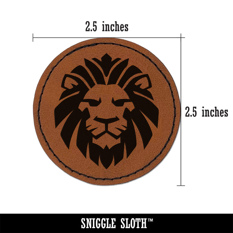 Regal Lion Head Round Iron-On Engraved Faux Leather Patch Applique - 2.5"