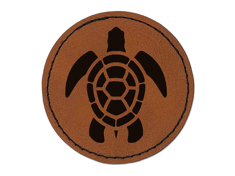 Sea Turtle Tribal Round Iron-On Engraved Faux Leather Patch Applique - 2.5"