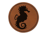 Seahorse Icon Round Iron-On Engraved Faux Leather Patch Applique - 2.5"